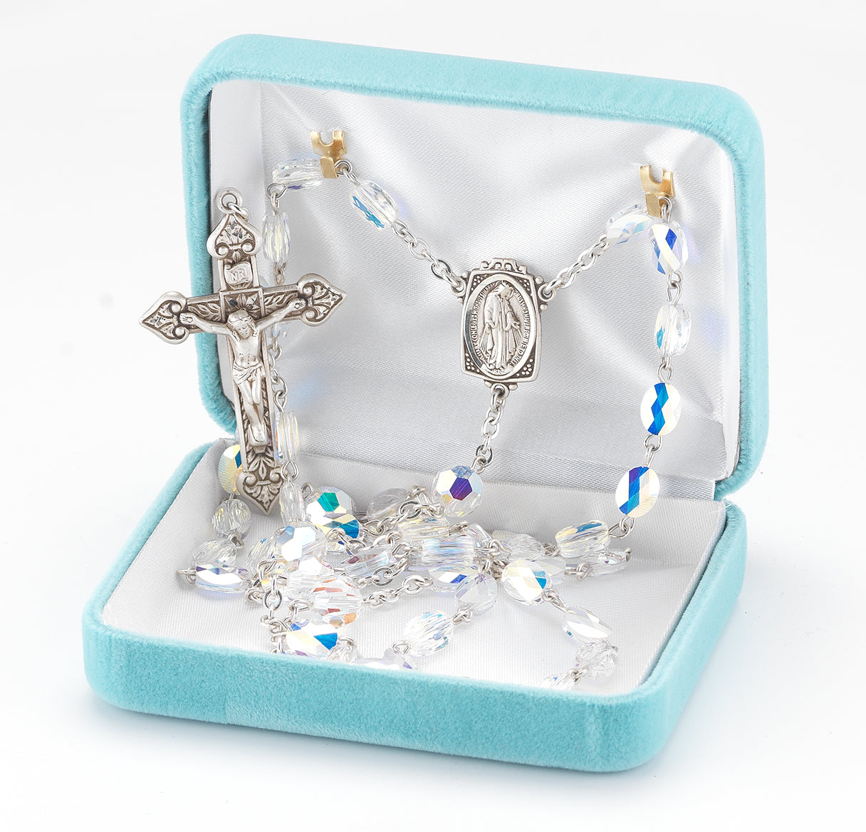 Rosary Sterling Crucifix and Centerpiece Created with Swarovski Crystal 5mm x 6mm Flat Oval Aurora Borealis Beads by HMH