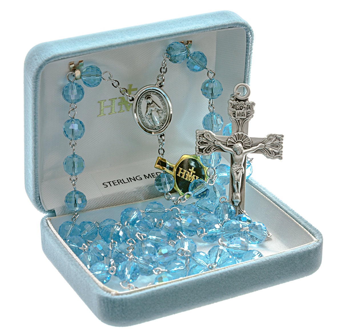 Rosary Sterling Crucifix and Centerpiece Created with Swarovski Crystal 8mm Multi-Faceted Aqua Beads by HMH