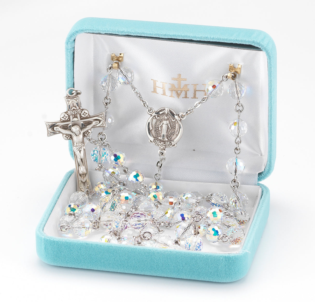 Rosary Sterling Crucifix and Centerpiece Created with Swarovski Crystal 8mm Multi-Faceted Aurora Borealis Beads by HMH