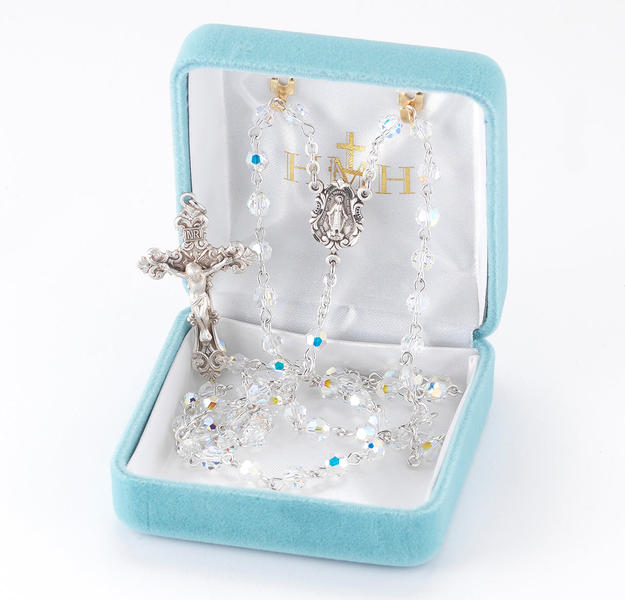 Rosary Sterling Crucifix and Centerpiece Created with Swarovski Crystal 5mm Faceted Round Aurora Borealis Beads by HMH