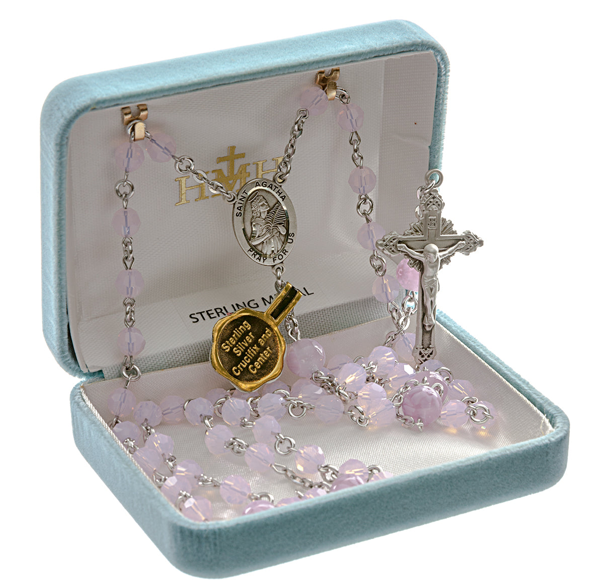 Saint Agatha Rosary Sterling Crucifix and Centerpiece Created with Swarovski Crystal 6mm Pink Opal Beads by HMH