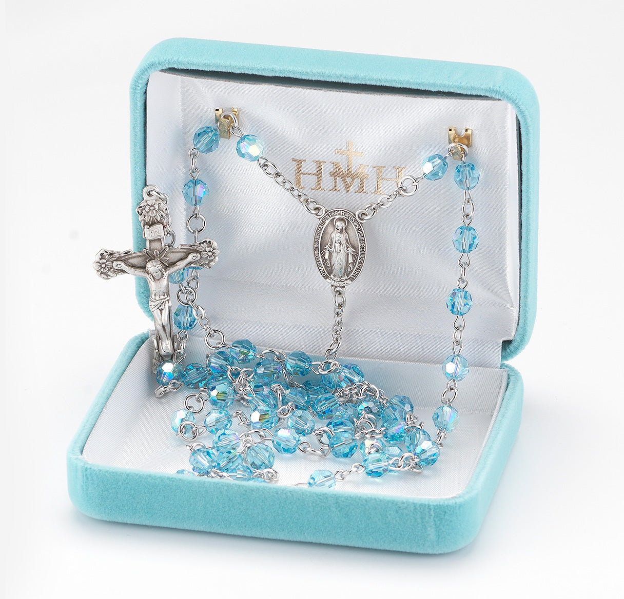 Rosary Sterling Crucifix and Centerpiece Created with Swarovski Crystal 6mm Faceted Round Aqua Beads by HMH