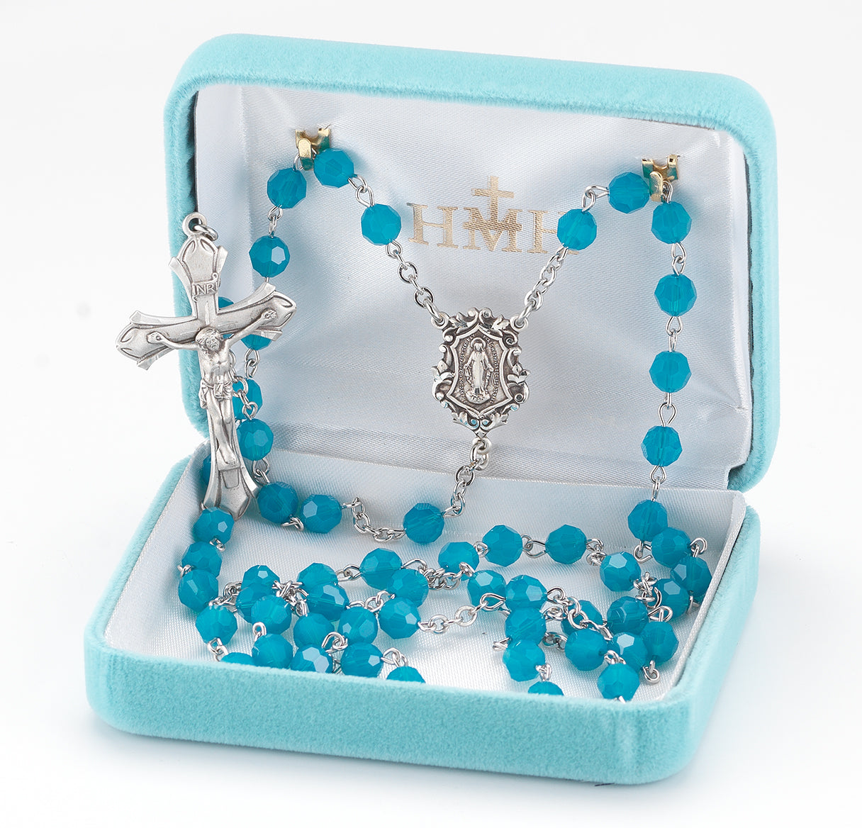 Rosary Sterling Crucifix and Centerpiece Created with Swarovski Crystal 6mm Faceted Round Blue Opal Beads by HMH