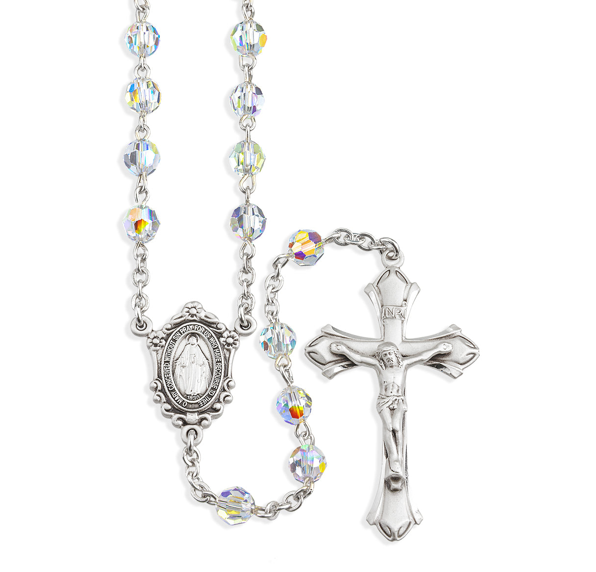 Rosary Sterling Crucifix and Centerpiece Created with Swarovski Crystal 6mm Faceted Round Aurora Borealis Beads by HMH