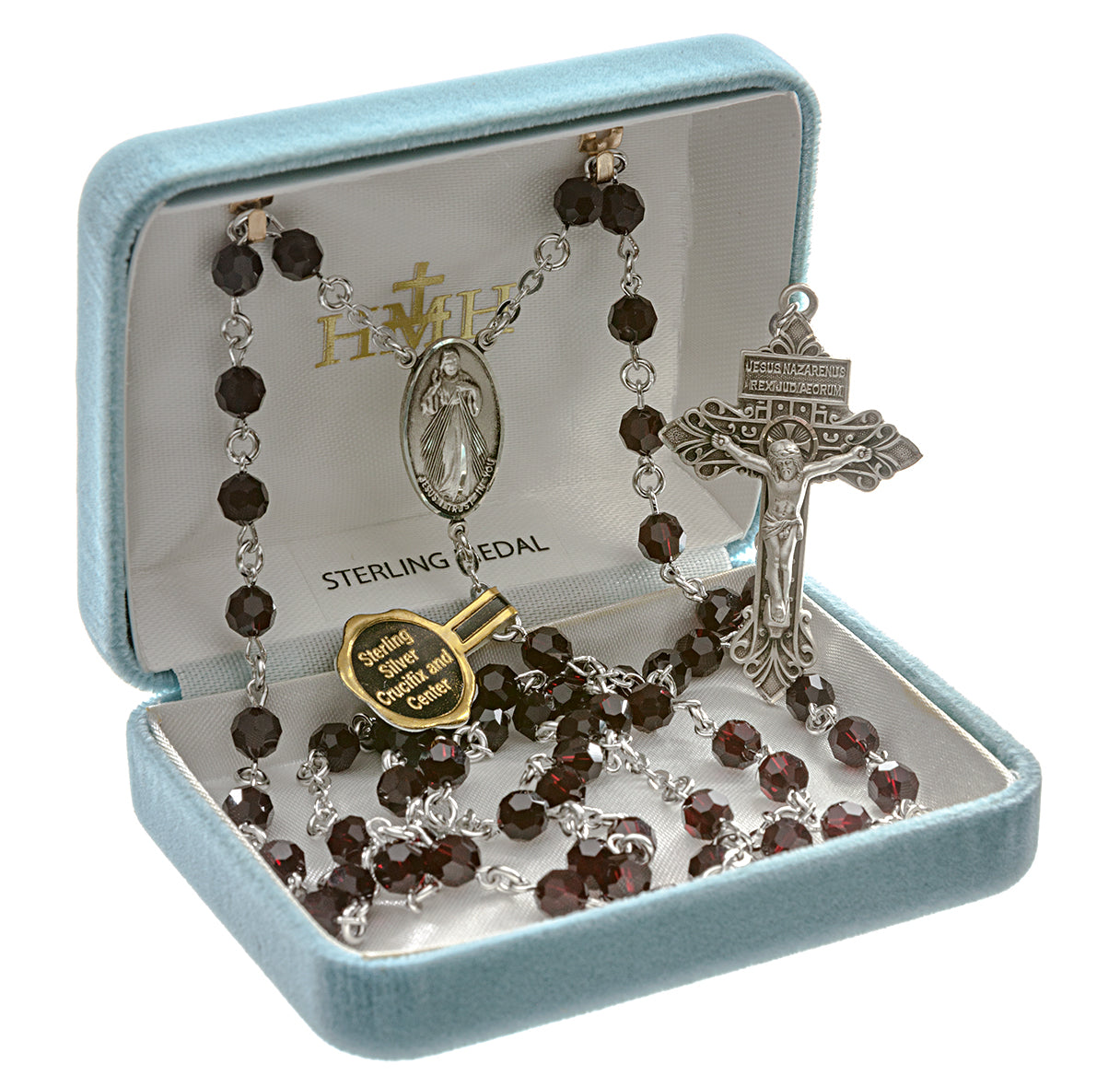 Divine Mercy Rosary Sterling Crucifix and Centerpiece Created with Swarovski Crystal 6mm Faceted Round Garnet Beads by HMH