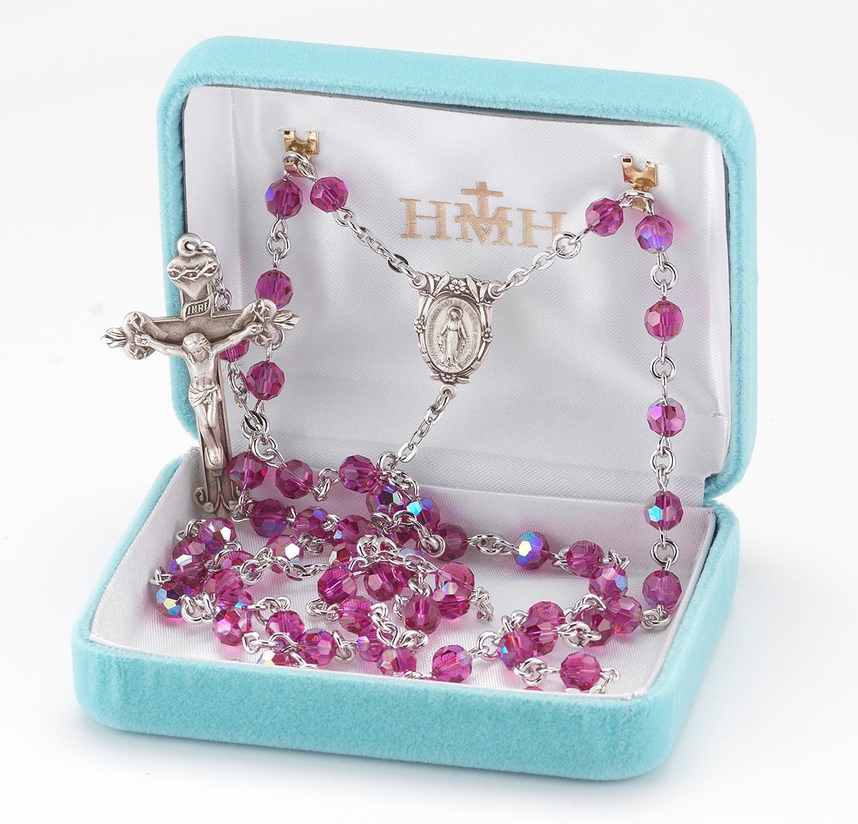 Rosary Sterling Crucifix and Centerpiece Created with Swarovski Crystal 6mm Faceted Round Fuchsia Beads by HMH