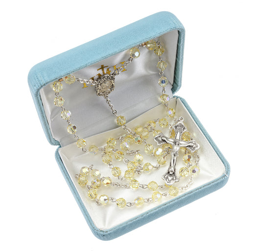 Rosary Sterling Crucifix and Centerpiece Created with finest Austrian Crystal 6mm Faceted Round Jonquil Beads by HMH