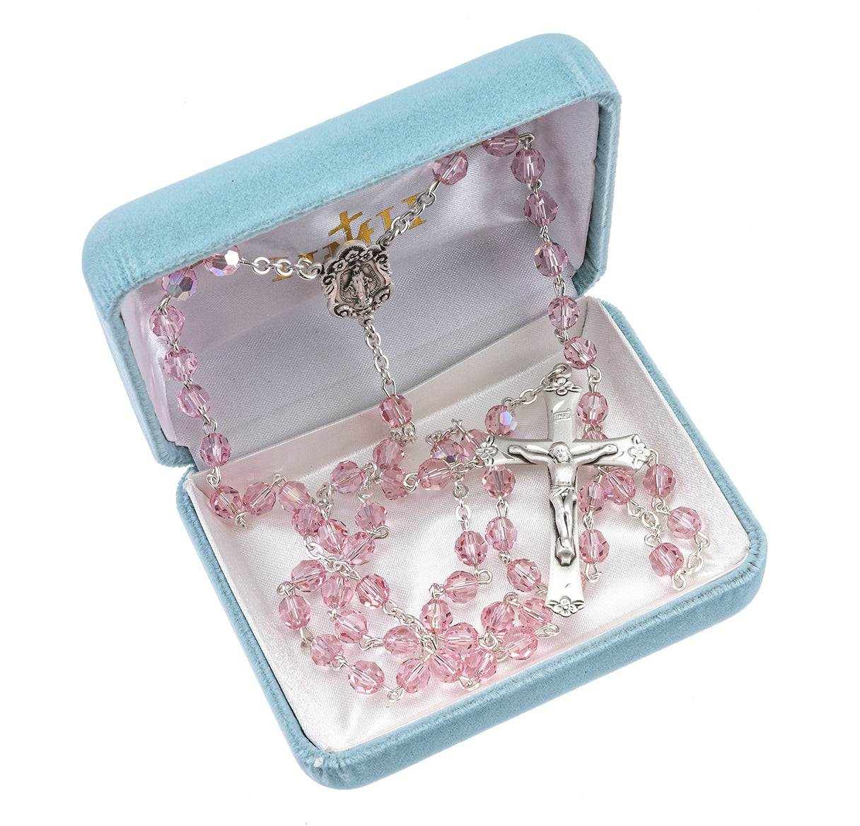 Rosary Sterling Crucifix and Centerpiece Created with Swarovski Crystal 6mm Faceted Round Light Rose Beads by HMH
