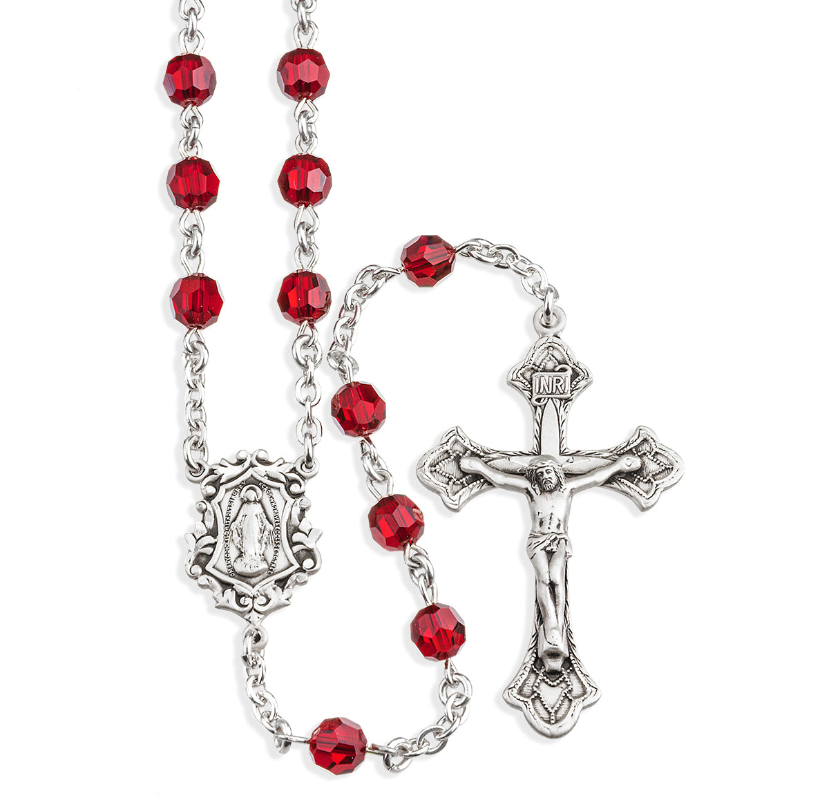Rosary Sterling Crucifix and Centerpiece Created with Swarovski Crystal 6mm Faceted Round Ruby Beads by HMH