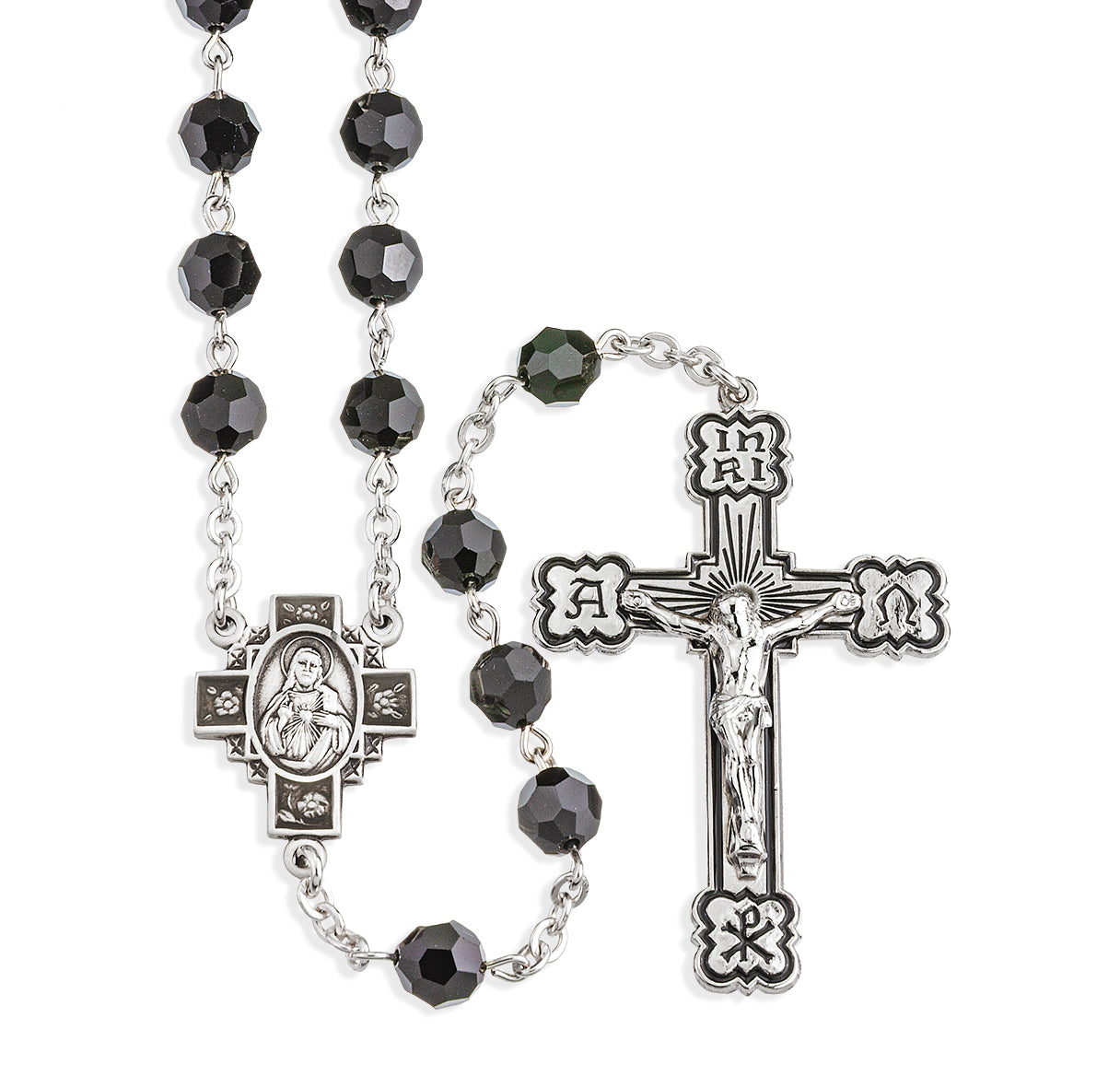 Rosary Sterling Crucifix and Centerpiece Created with Swarovski Crystal 7mm Faceted Jet Black Beads by HMH