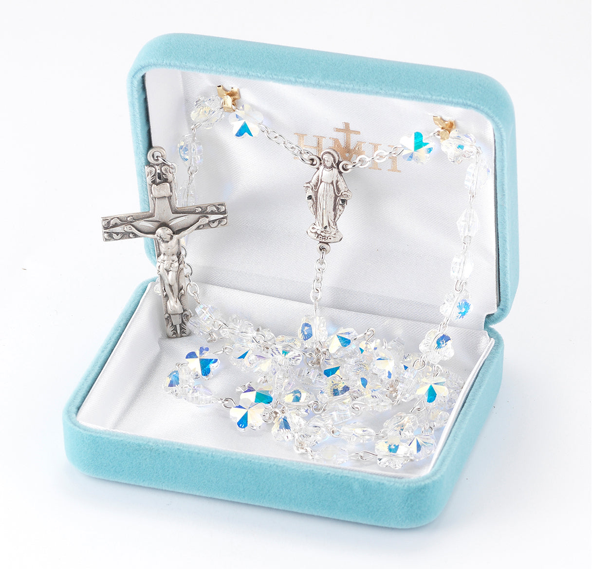 Rosary Sterling Crucifix and Centerpiece Created with Swarovski Crystal 8mm Heart Shape Aurora Borealis Beads by HMH