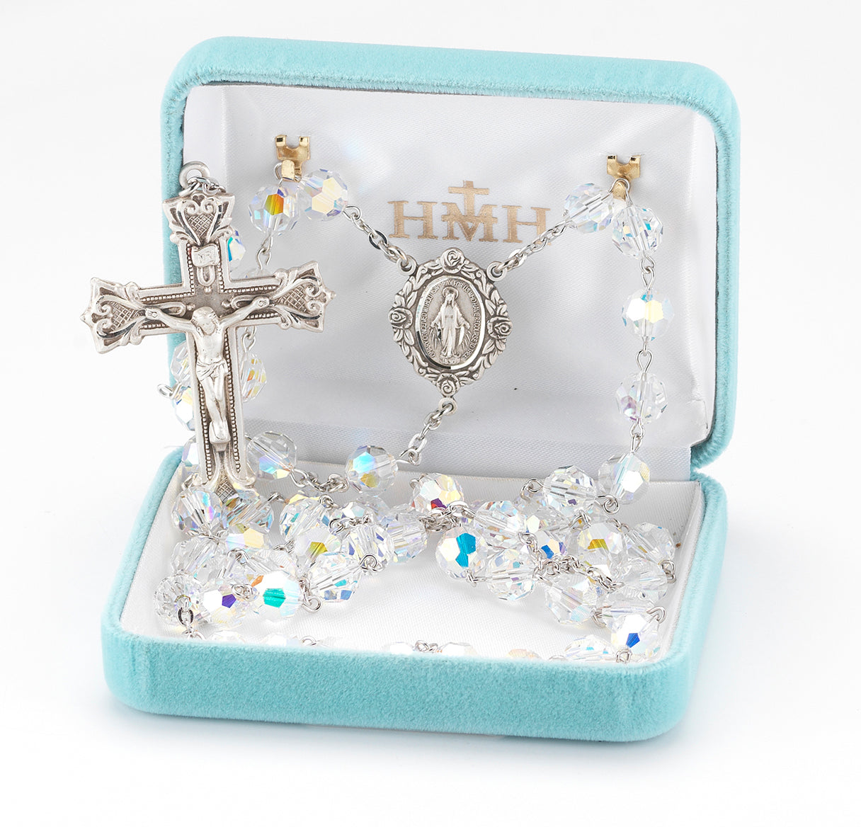 Rosary Sterling Crucifix and Centerpiece Created with Swarovski Crystal 8mm Aurora Borealis Beads