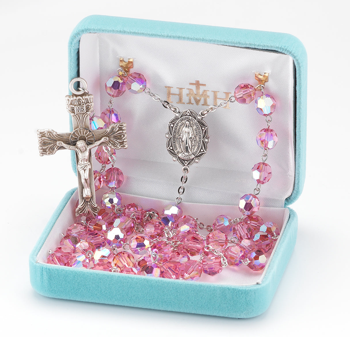 Rosary Sterling Crucifix and Centerpiece Created with Swarovski Crystal 8mm Beads in Pink by HMH