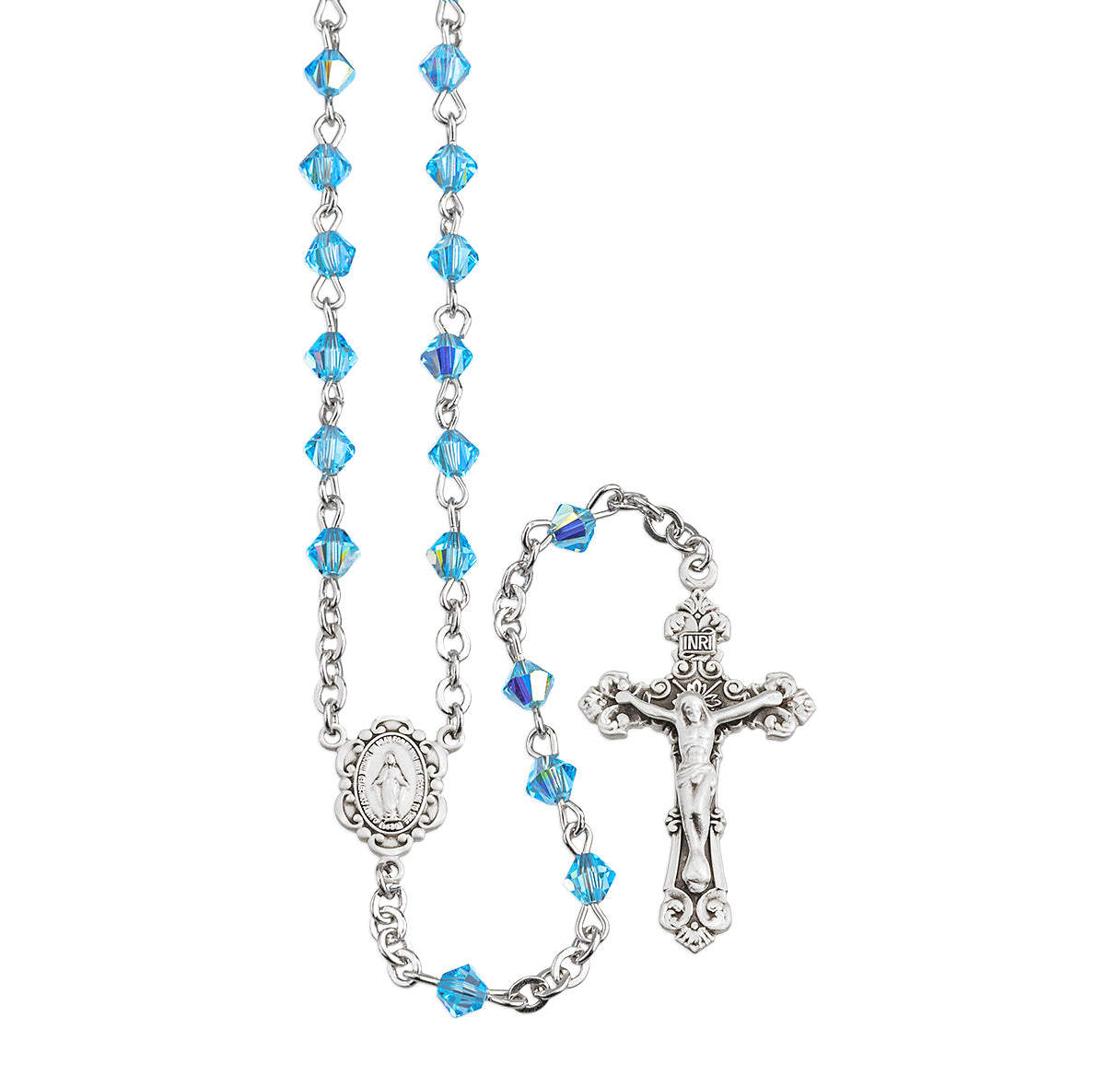 Rosary Sterling Crucifix and Centerpiece Created with finest Austrian Crystal 4mm Faceted Tin Cut Bicone Beads in Aqua by HMH