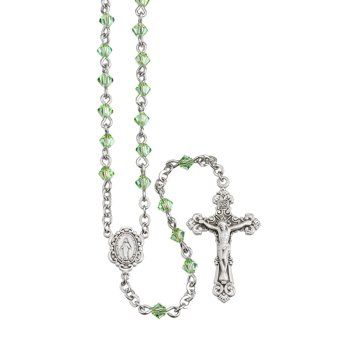 Rosary Sterling Crucifix and Centerpiece Created with Swarovski Crystal 4mm Faceted Tin Cut Bicone Beads in Chrysolite by HMH