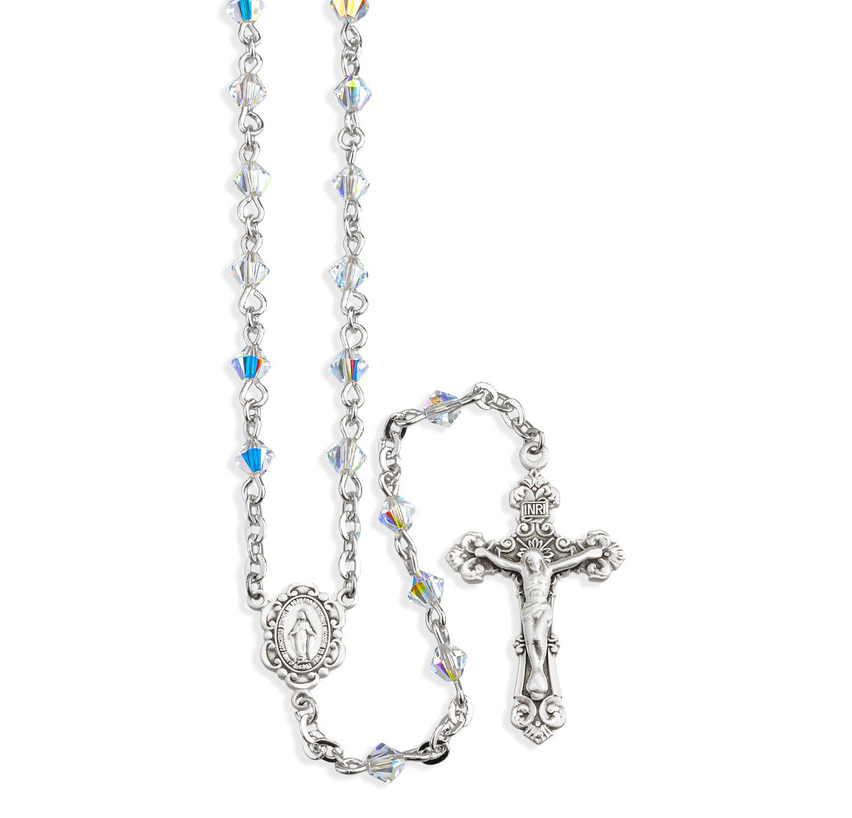 Rosary Sterling Crucifix and Centerpiece Created with Swarovski Crystal 4mm Faceted Tin Cut Bicone Aurora Borealis Beads by HMH