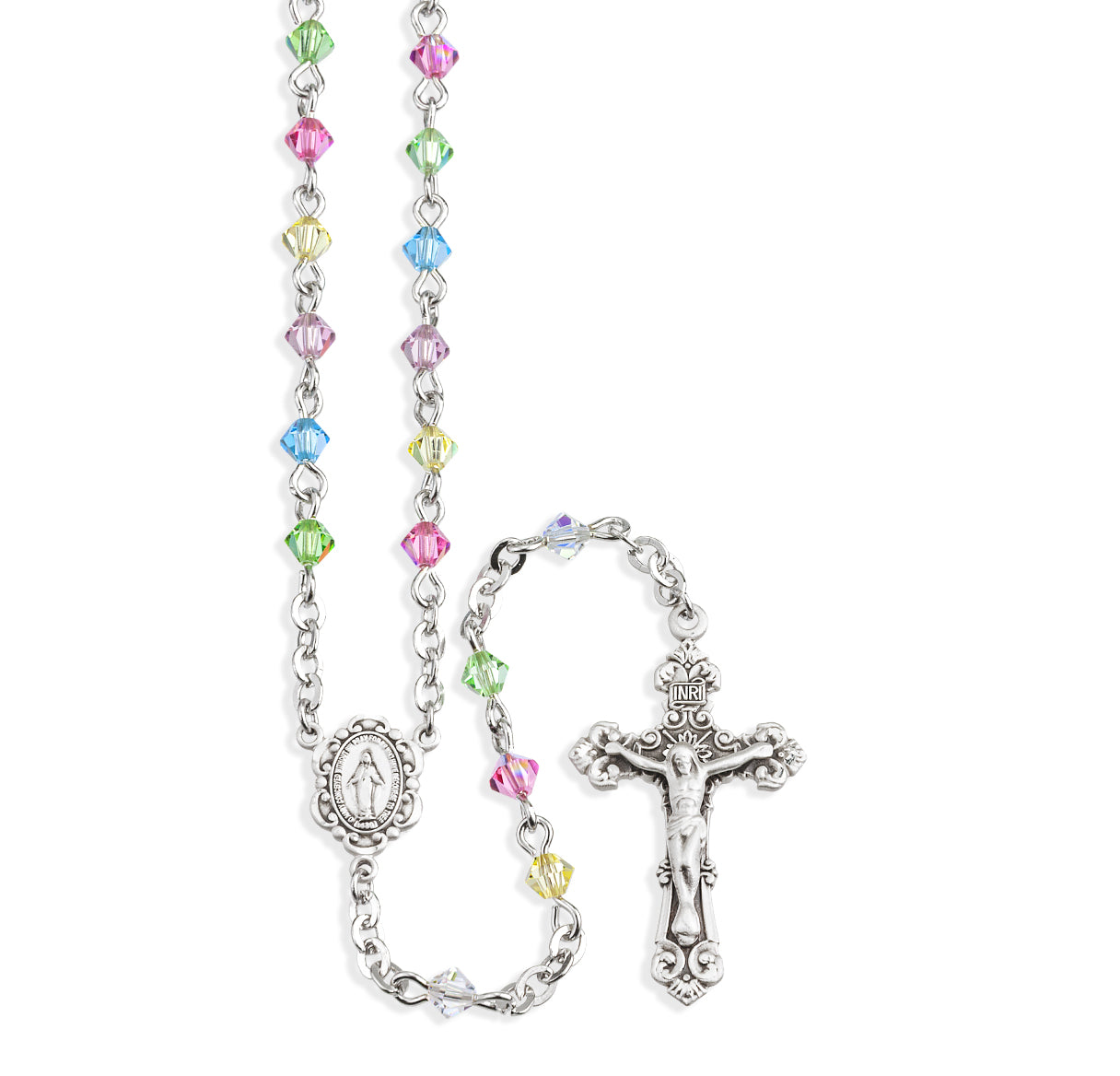 Rosary Sterling Crucifix and Centerpiece Created with Swarovski Crystal 4mm Faceted Tin Cut Bicone Beads in Multi-Color