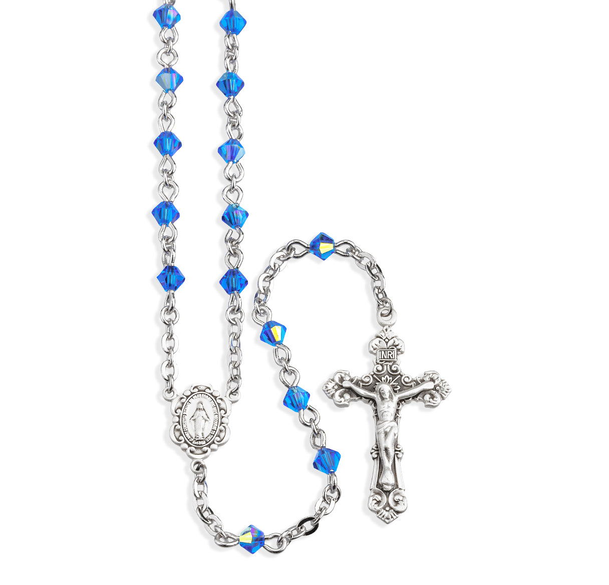 Rosary Sterling Crucifix and Centerpiece Created with Swarovski Crystal 4mm Faceted Tin Cut Bicone Beads in Sapphire by HMH