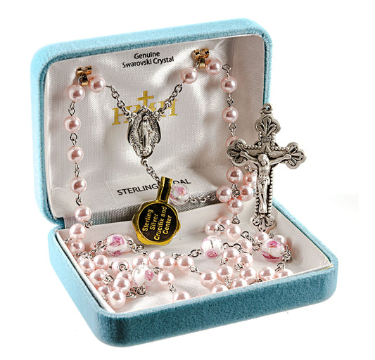 Rosary Sterling Crucifix and Centerpiece Created with finest Austrian Crystal 4mm Round Pearl Beads in Pink by HMH