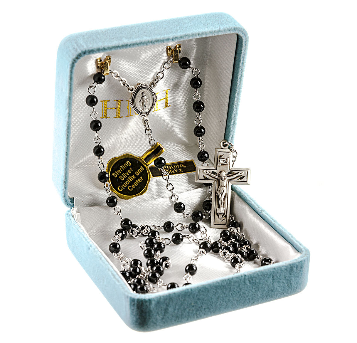 Genuine Onyx Rosary Sterling Crucifix and Centerpiece