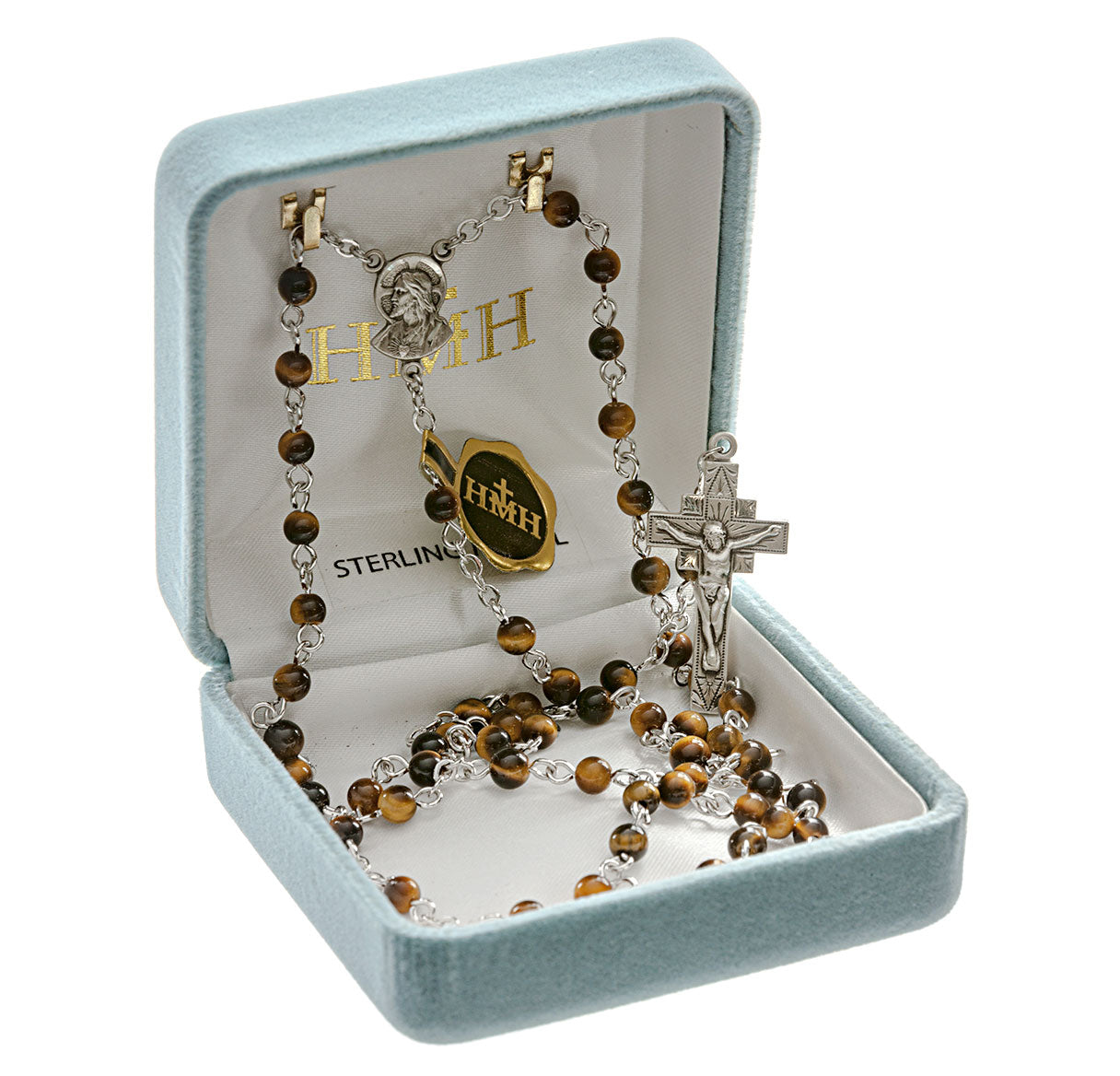 Genuine Tiger Eye Rosary Sterling Crucifix and Centerpiece