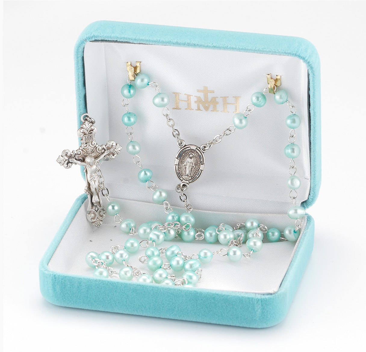 Blue Freshwater Pearl Rosary Sterling Crucifix and Centerpiece