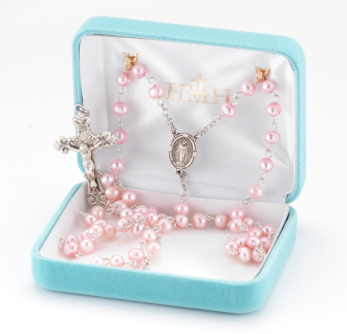 Pink Freshwater Pearl Rosary Sterling Crucifix and Centerpiece