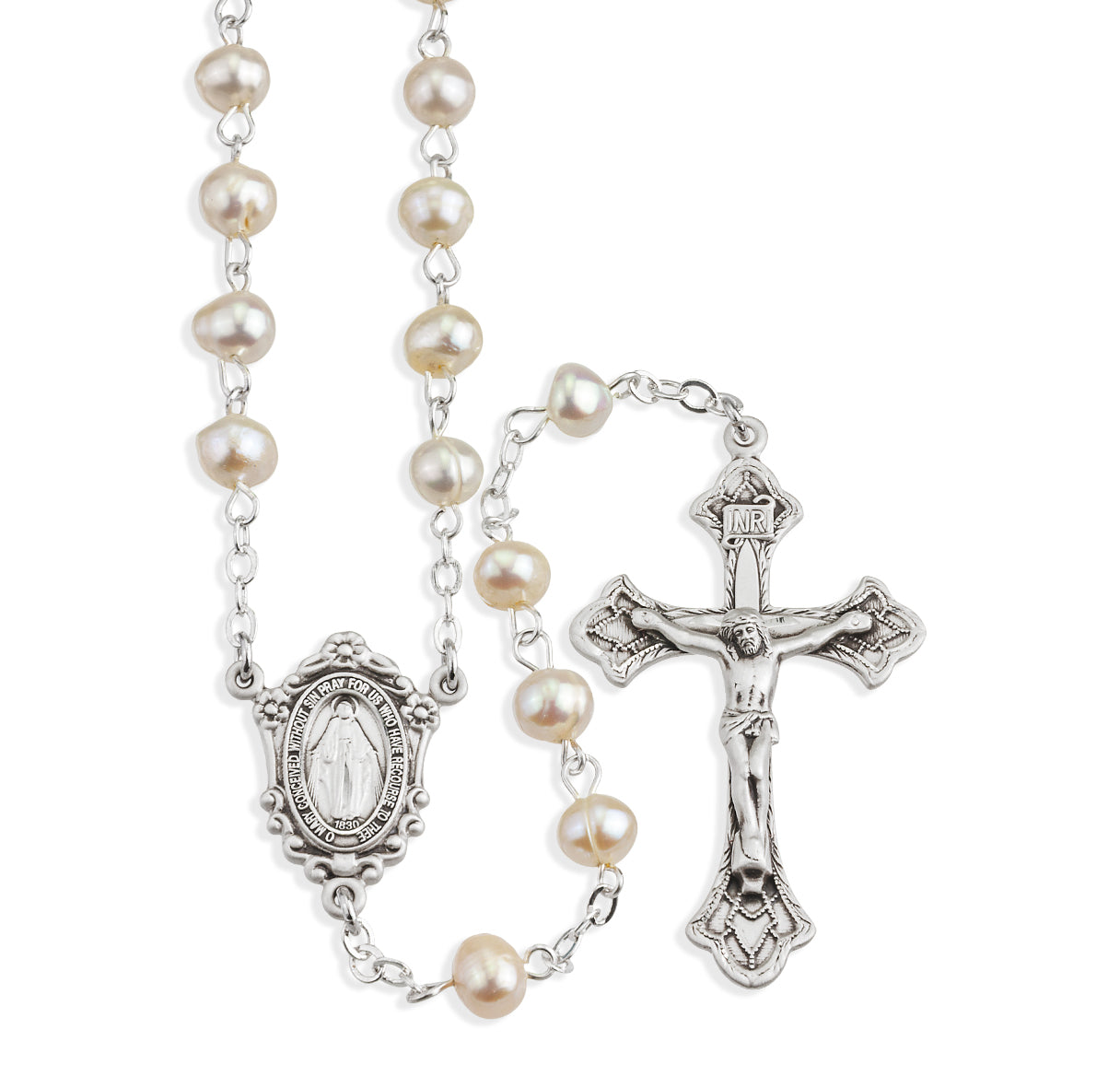 White Freshwater Pearl Rosary Sterling Crucifix and Centerpiece