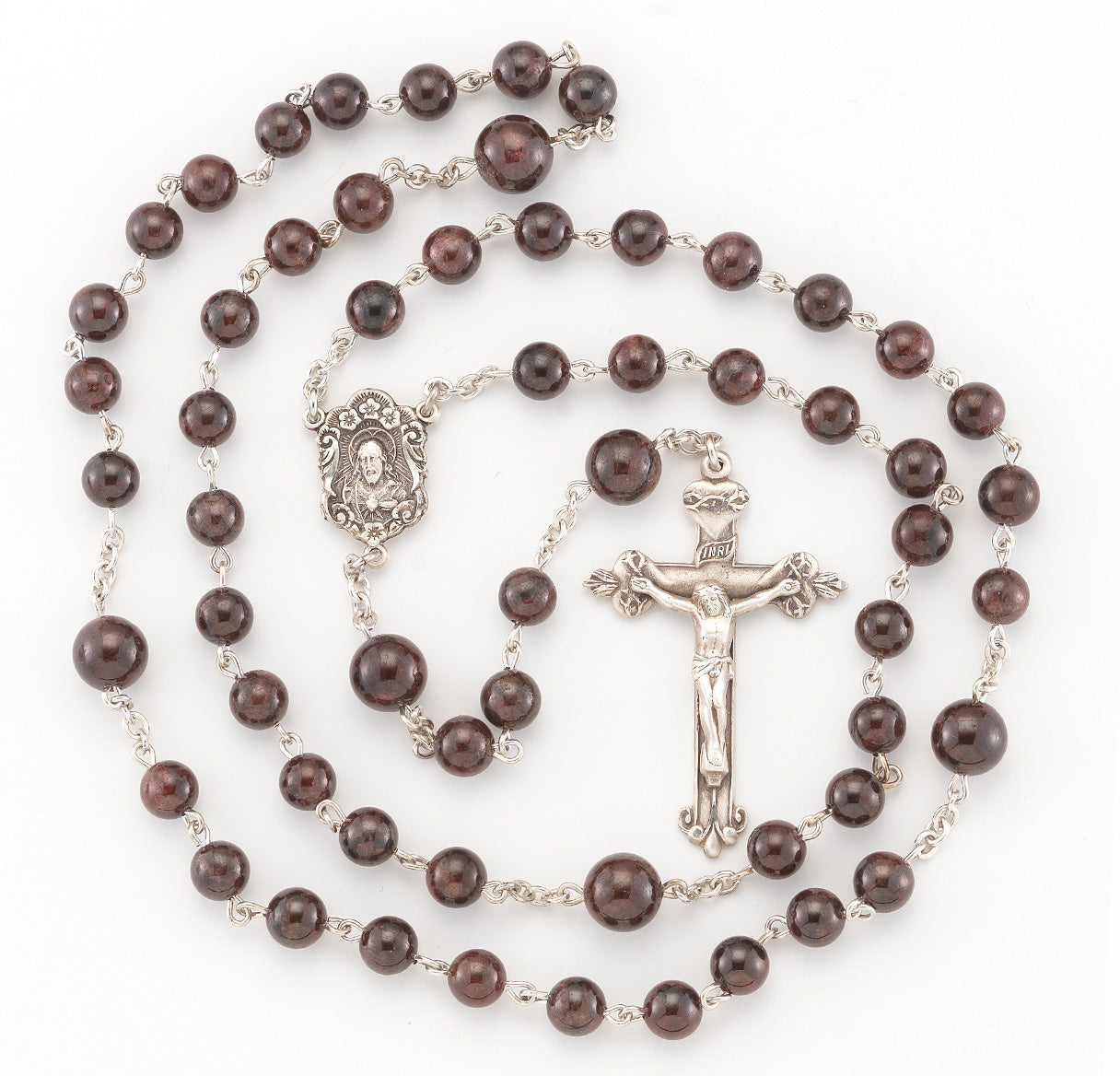 Round Garnet Bead Rosary Sterling Crucifix and Centerpiece