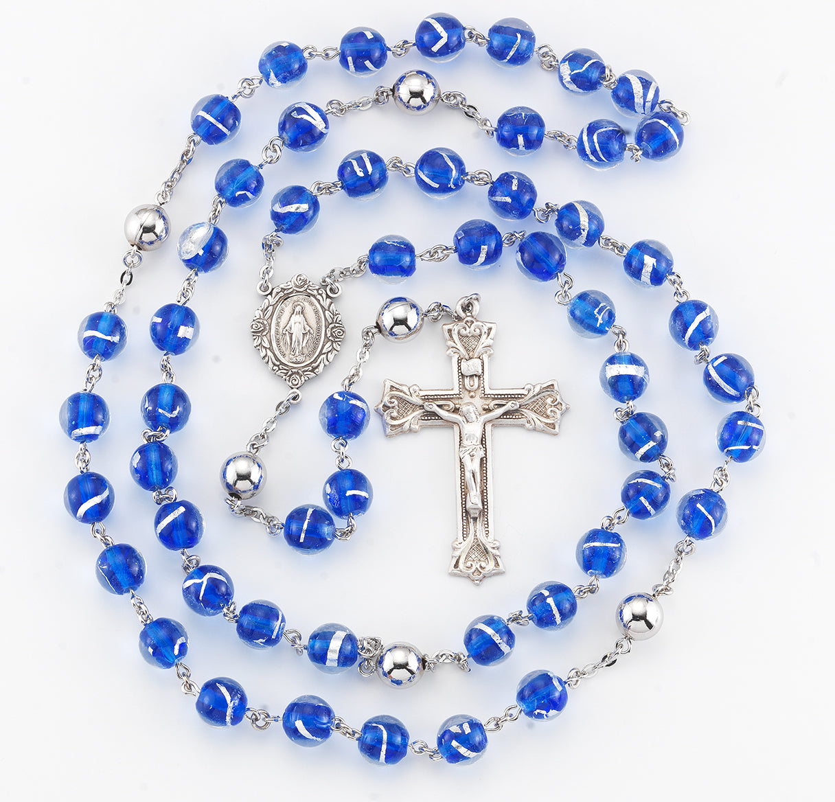 Blue Czech Glass Bead Rosary Sterling Crucifix and Centerpiece
