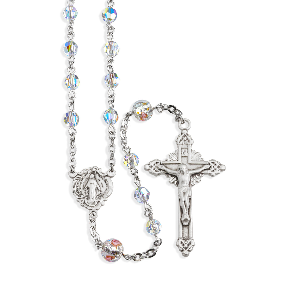 Rosary Sterling Crucifix and Centerpiece Created with Swarovski Crystal 5mm Aurora Borealis Beads by HMH