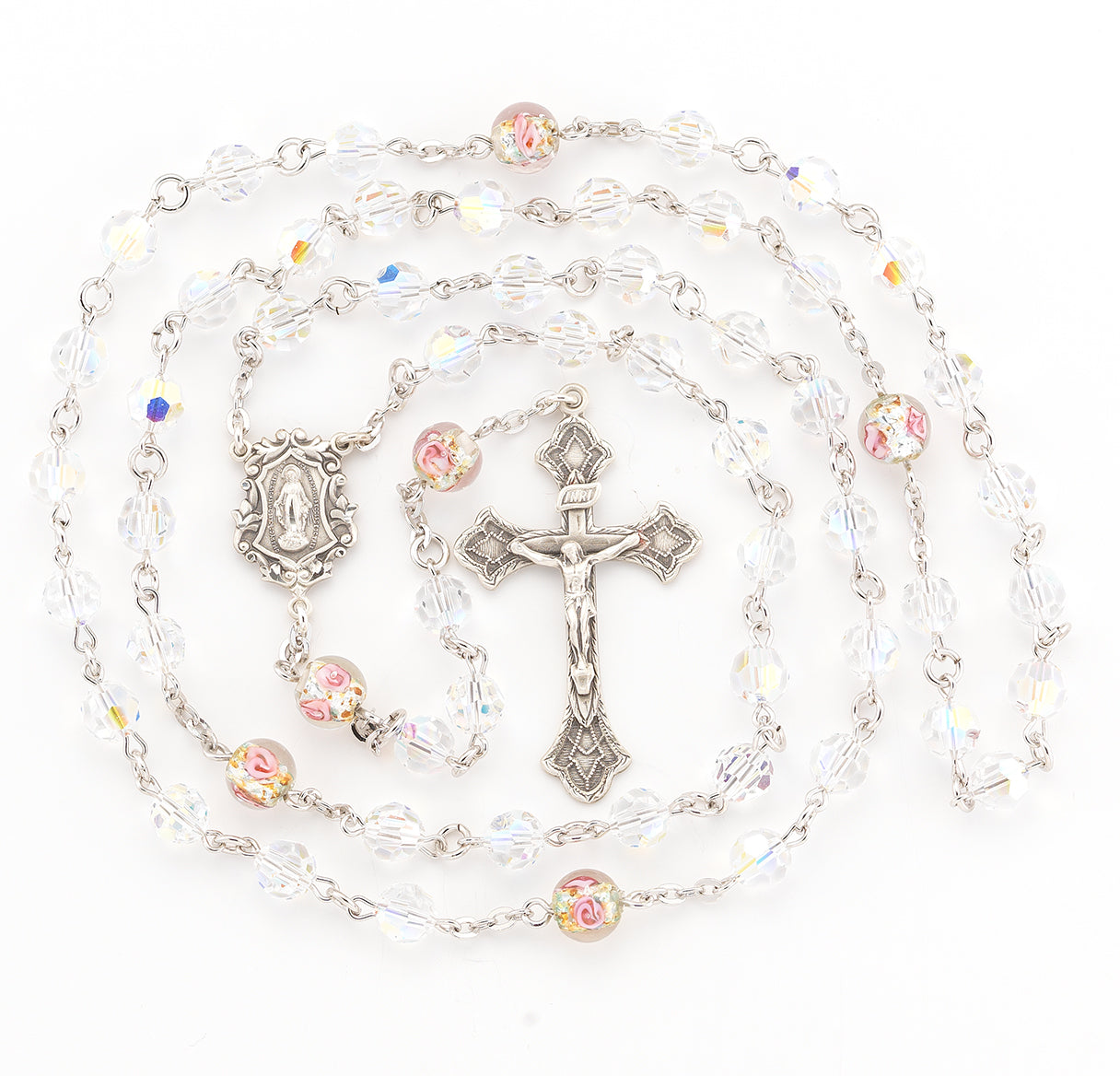 Rosary Sterling Crucifix and Centerpiece Created with Swarovski Crystal 7mm Aurora Borealis Beads by HMH