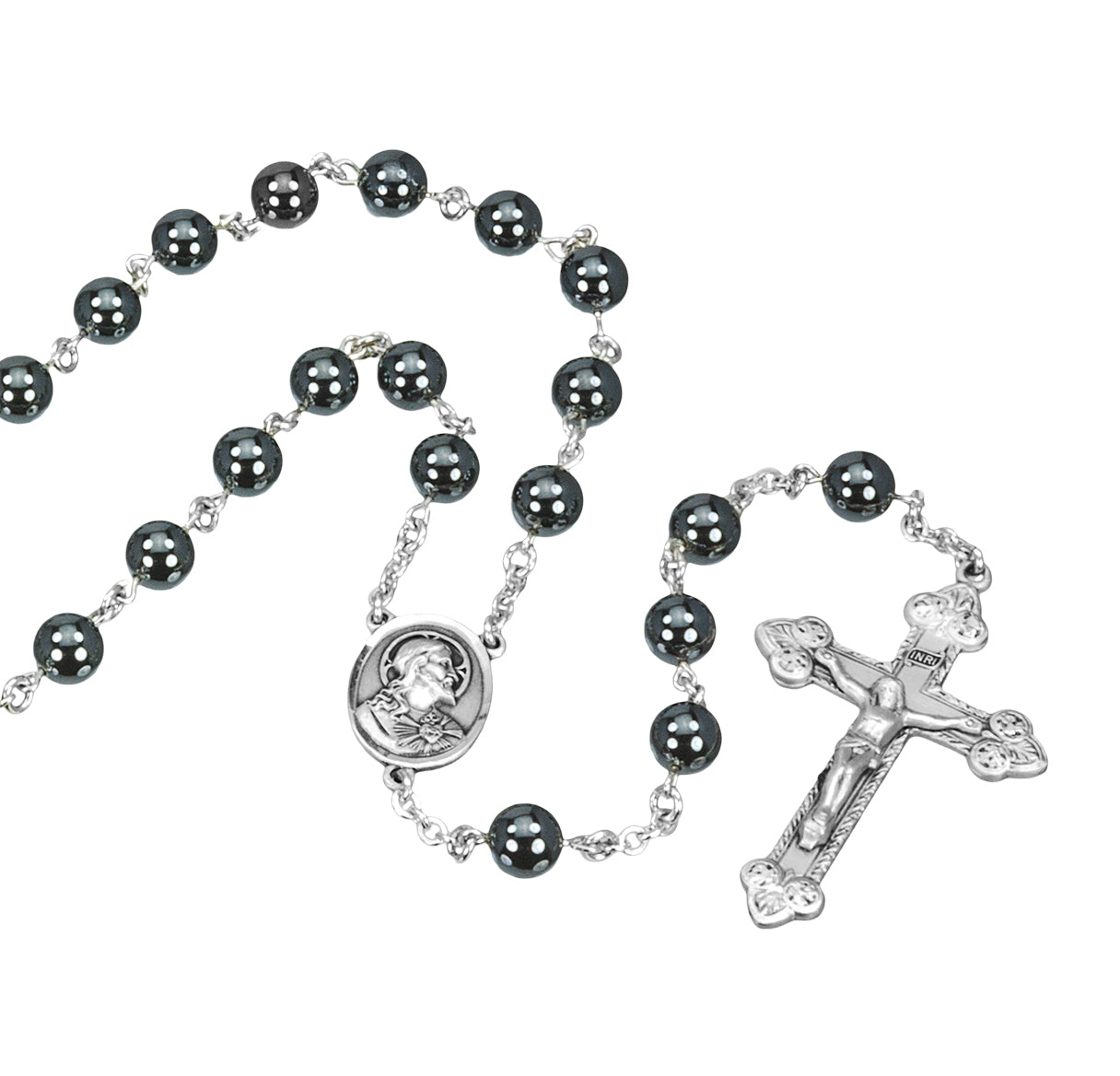 Round Genuine Hematite Rosary Sterling Crucifix and Centerpiece