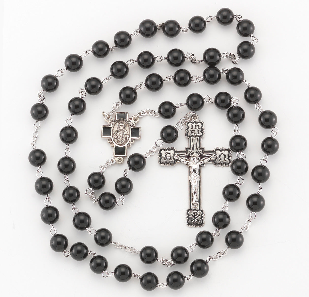 Round Onyx Bead Rosary Sterling Crucifix and Centerpiece