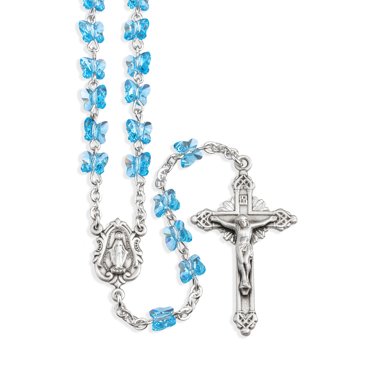 Rosary Sterling Crucifix and Centerpiece Created with Swarovski Crystal 6mm Butterfly Beads in Aqua by HMH