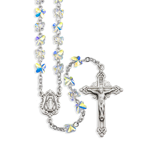 Rosary Sterling Crucifix and Centerpiece Created with finest Austrian Crystal 6mm Butterfly Beads in Aurora Borealis by HMH