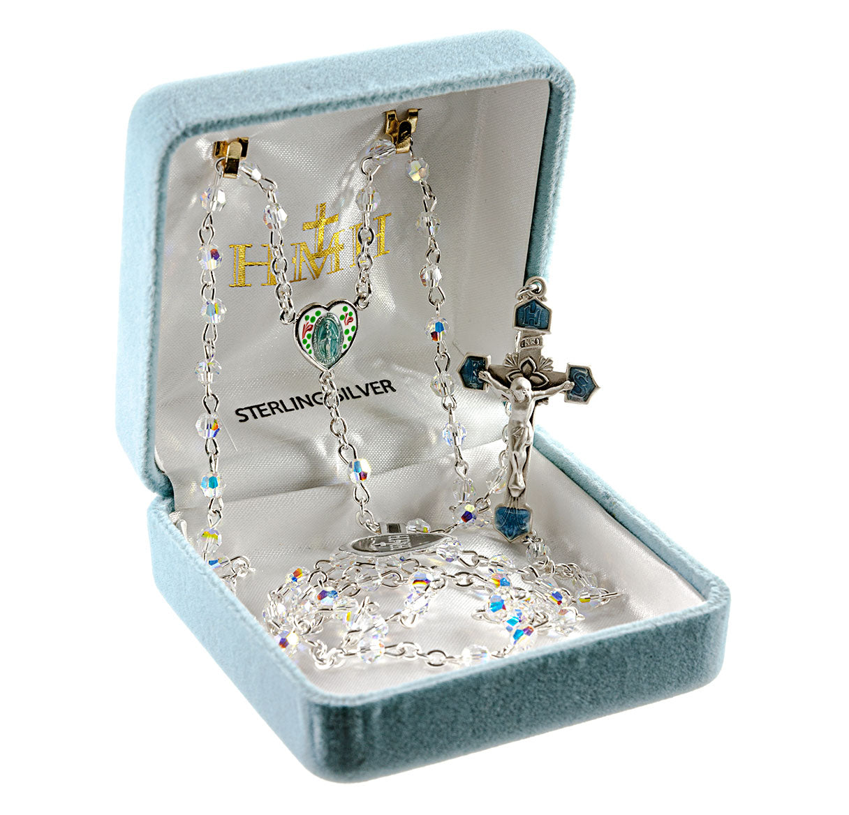 Rosary Sterling Crucifix and Centerpiece Created with Swarovski Crystal 4mm Aurora Borealis Beads by HMH