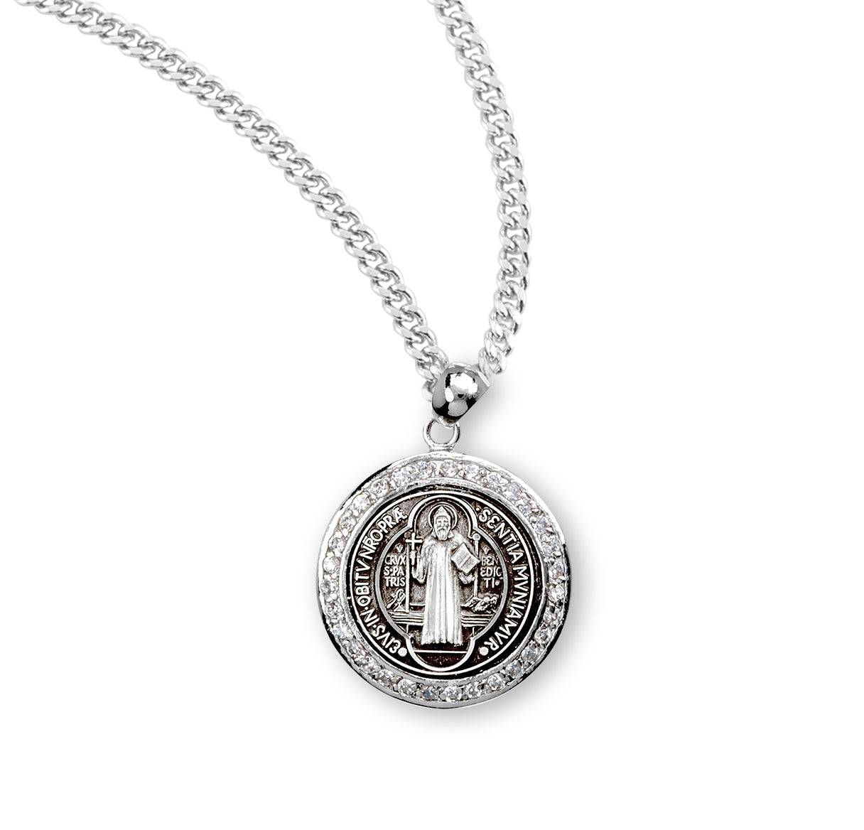 Saint Benedict Round Sterling Silver Medal with Cubic Zirconia's "CZ's"