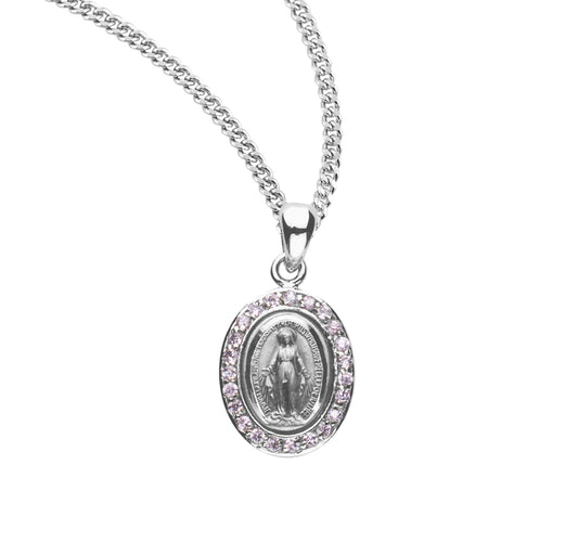 Sterling Silver Pink Cubic Zirconia "CZ" Miraculous Medal