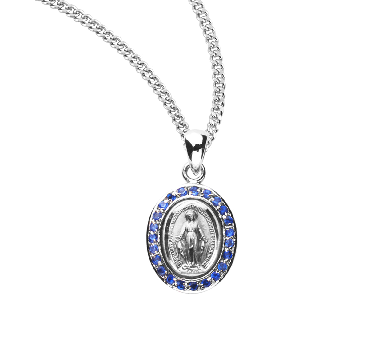 Sterling Silver Sapphire Cubic Zirconia "CZ" Miraculous Medal