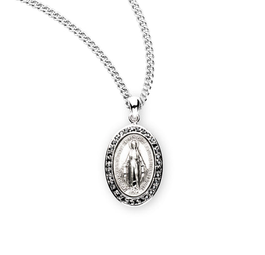 Sterling Silver Jet Black Cubic Zirconia Miraculous Medal