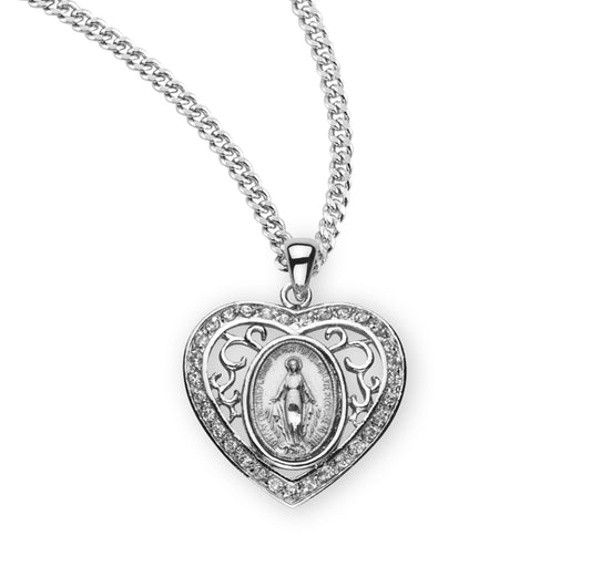 Sterling Silver Oval Miraculous Medal with Cubic Zirconia's "CZ's"