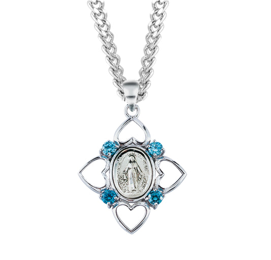 Sterling Silver Aqua Cubic Zirconia "CZ" Miraculous Medal