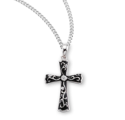 Black Enameled Sterling Silver Cross with Crystal Cubic Zirconia's "CZ's"