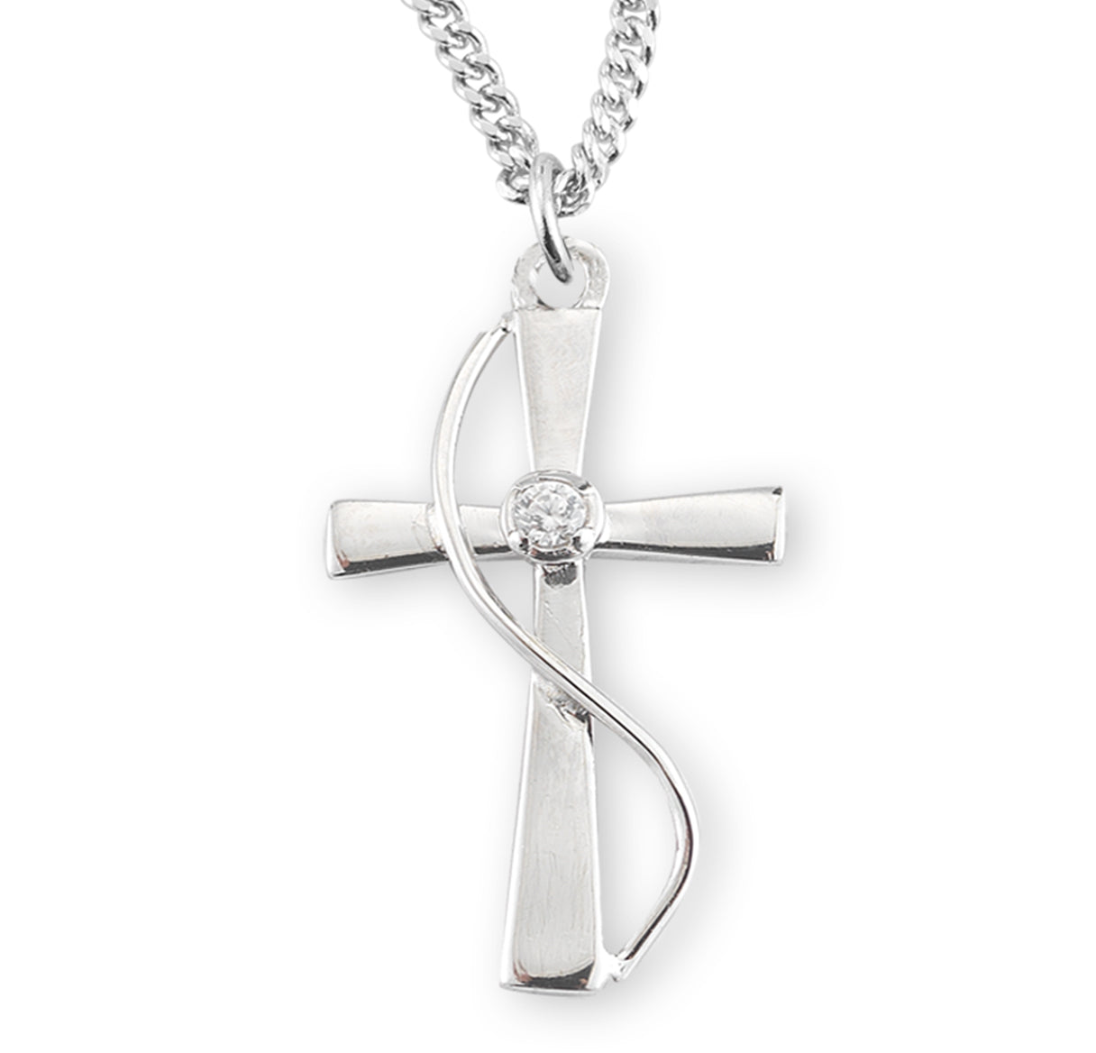 Sterling Silver Single Set Crystal Cubic Zirconia "CZ" Cross with Rhodium Plated Chain