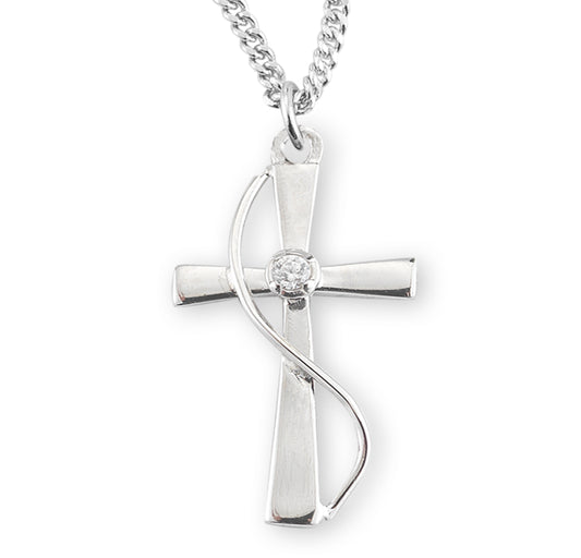 Sterling Silver Single Set Crystal Cubic Zirconia "CZ" Cross with Rhodium Plated Chain