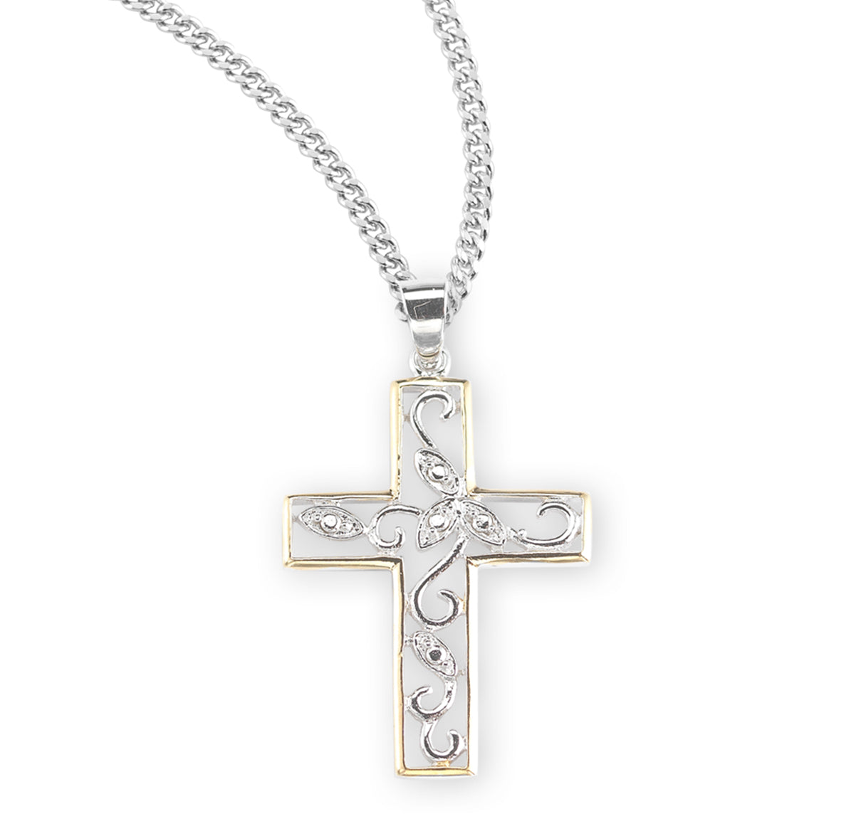 Crystal Cubic Zirconia's "CZ's" Sterling Silver Two Tone Vine Cross