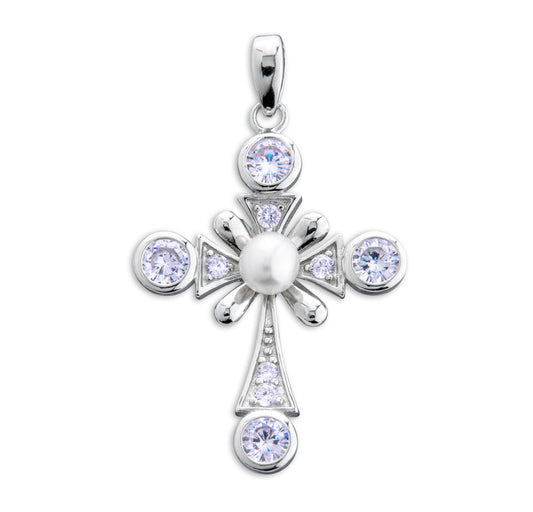 Sterling Silver Cross with Freshwater Pearl Ctr & CZ Accents