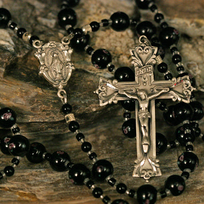 Black Lampworked Flower Glass Rosary