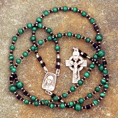 Malachite with Sterling Celtic Crucifix and Handcast Reproduction Mary-Jesus Center